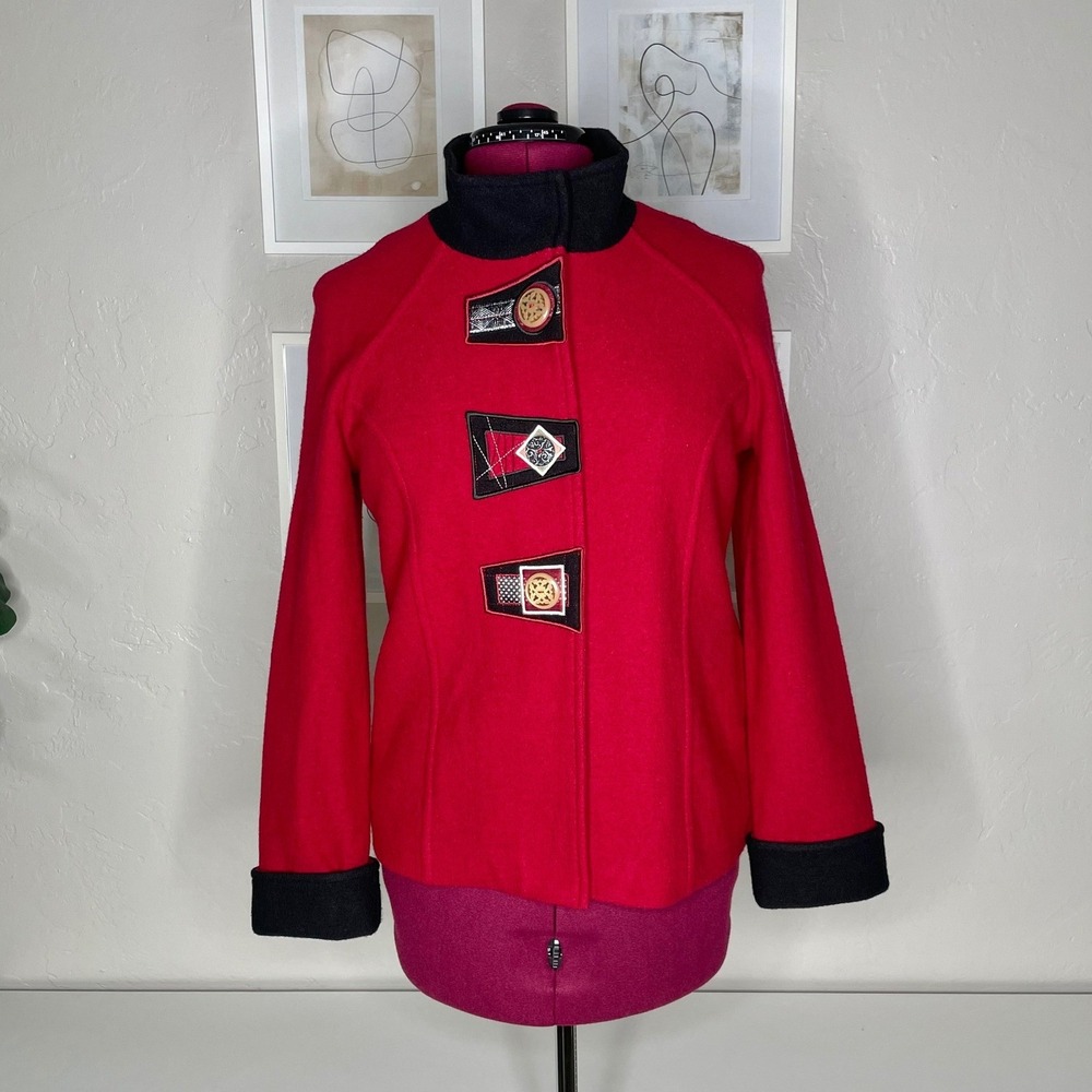 Icelandic Design Jacket Womens Medium Red Boiled Wool Blend Folk Art Toggle Coat
